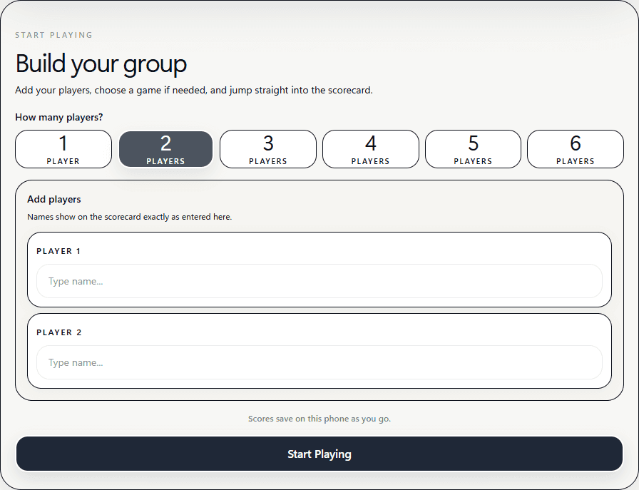 Golpho group setup screen showing player selection and name fields