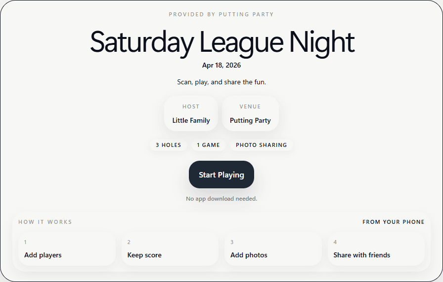Golpho mobile guest entry screen for a demo league night